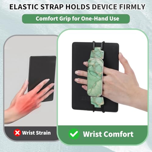 Secure Hand Strap for 6-7.5" Kindle and Tablets, Versatile Lightweight Faux Leather E-Book Grip Holder, Heavy-Duty E-Book Accessories for Reading Lover Gift (Green Marble) - color: Green Marble