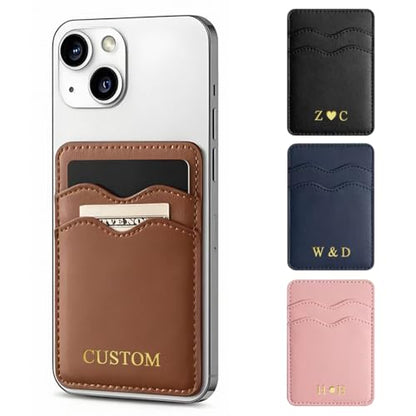 Custom Monogram Phone Credit Card Holder, Leather Wallet Stick On, Personalized Embossed Initial for Back of Phone Adhesive Pocket