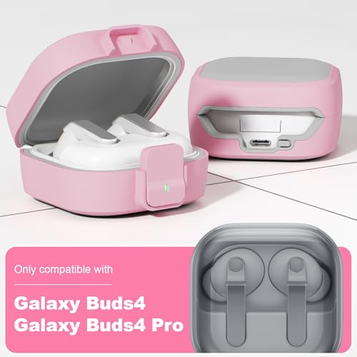 for Samsung Galaxy Buds 4 Pro/Buds 4 Case (2026) with Secure Safety Lock Clip,Shockproof Scratch-Resistant Hybrid PC+TPU Soft Shell Protective Cover Accessories with Carabiner&Cleaning Pen(Pink) - color: Pink Edge-Grey