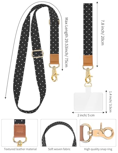 Phone Lanyard Crossbody Strap, Adjustable Neck Strap and Wristlet Strap for Phone Wallet ID Badge with 2 Phone Tabs - color: Black White Dots