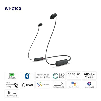 Sony WI-C100 Wireless in-Ear Bluetooth Headphones with Built-in Microphone,Black,(Pack of 2) - color: Black, size: One Size (Pack of 2)