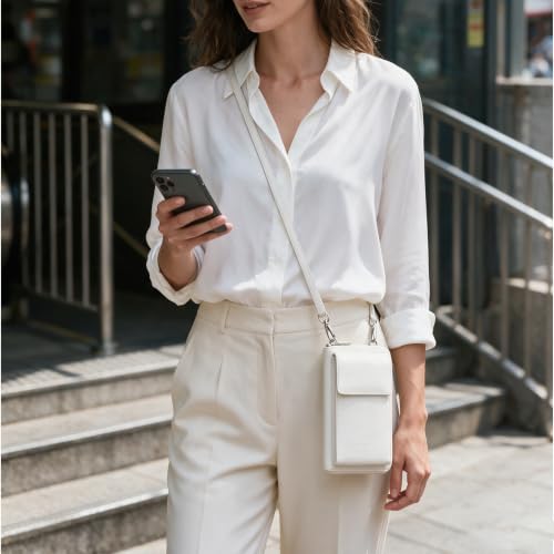 DORIS&JACKY Small Leather Crossbody Purse and Cell Phone Wallet for Women | RFID Blocking Shoulder Bag with Front Phone Pocket, Come with Long Detachable Strap and 12 Credit Card Slots - color: 2-off White
