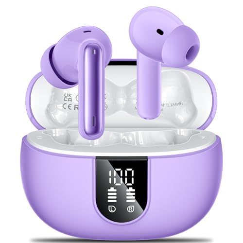 Wireless Earbuds, 2025 Wireless Headphones HiFi Stereo Earphones with 4 ENC Noise Canceling Mic, 42Hs Playtime In Ear Earbud, Bluetooth 5.3 Sport Earphones with LED Power Display for Android iOS - color: Purple
