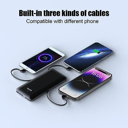 Portable Power Bank, Ultra Slim 10000mAh Portable Charger with Built in Cable, USB C External Battery Pack with Built-in AC Wall Plug Compatible with iPhone Smartphone Tablet… - color: Black