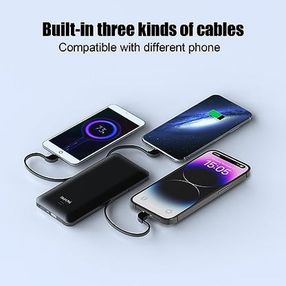 Portable Power Bank, Ultra Slim 10000mAh Portable Charger with Built in Cable, USB C External Battery Pack with Built-in AC Wall Plug Compatible with iPhone Smartphone Tablet… - color: Black