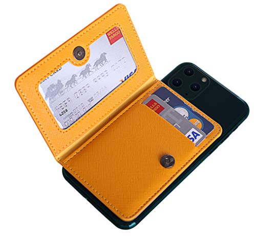 ID Card Holder for Back of Phone Leather Phone Wallet Stick On with Stand Flip Waterproof Leather Adhesive Wallet for Most Cellphones (Yellow) - color: Yellow