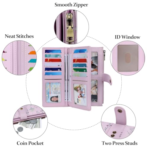 GAEKEAO Wallets for Women Leather RFID Blocking Large Capacity Card Case Ladies Wristlet Clutch Wallets Zipper Pocket with 4 ID Windows 21 Card Slots - color: Purple