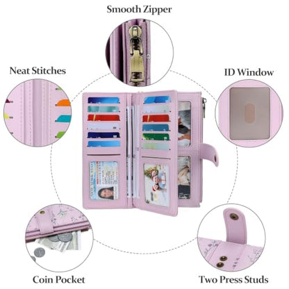 GAEKEAO Wallets for Women Leather RFID Blocking Large Capacity Card Case Ladies Wristlet Clutch Wallets Zipper Pocket with 4 ID Windows 21 Card Slots - color: Purple