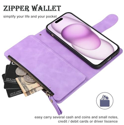 RANYOK Compatible with iPhone 15 Wallet Case with [RFID Blocking] [Zipper Pocket] [Kickstand] [Wrist Strap] PU Leather Wallet Case for iPhone 15 6.1 inch - Purple - color: Purple