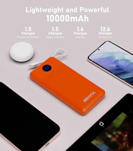 Portable Charger Built in 4 Cables, 10000mAh Power Bank, Orange - color: Orange
