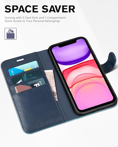 TUCCH Wallet Case for iPhone 11 6.1", 3 Card Holders, Dark Blue & Lake Blue | RFID Blocking, Viewing Stand, Shockproof TPU Shell, PU Leather, Magnetic Closure, Protective Folio Flip Cover - color: Dark Blue & Lake Blue