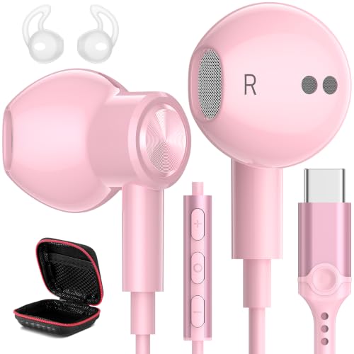 USB C Headphones Magnetic Wired Earbuds with Mic for Apple/Samsung Android - color: Pink