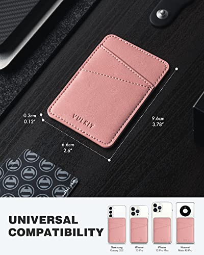 VULKIT Phone Card Holder Wallet Leather Adhesive Pocket RFID Blocking Credit Card Sleeves Stick Back of Phone Smartphones - color: Rose