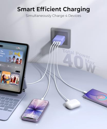 2 Pack 40W Fast USB C Charger Block, 4-Port PD Power Adapter Wall Charger - color: 40W 2Pack Orchid Purple