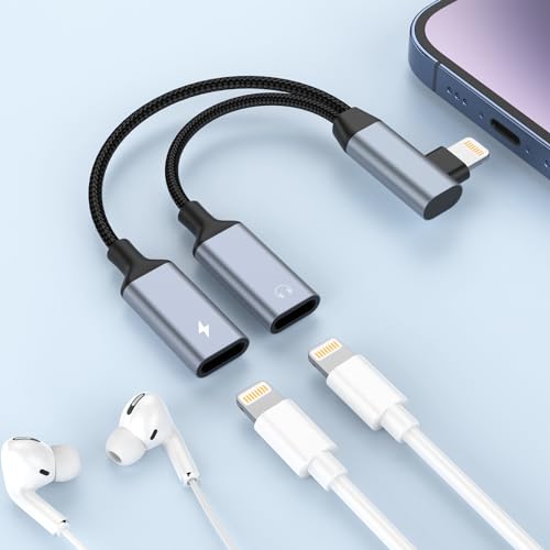 Right Angle 2-in-1 iPhone to Dual Lightning Jack Audio Headphone and Charger Cable Adapter,【Apple MFi Certified】Calling+Music+Charge 90 Degree Earphones Converter Splitter for Apple iPhone 14 13 12 11