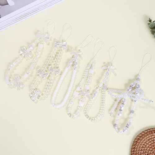 6PCS Beaded Phone Charms Strap Fruit Star Faux Pearl Rainbow Beads Phone Chains Beaded Lanyard for Camera Key Wallet Valentines Day Gifts for Her Women - style: Pearl 6Pcs 1