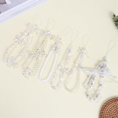 6PCS Beaded Phone Charms Strap Fruit Star Faux Pearl Rainbow Beads Phone Chains Beaded Lanyard for Camera Key Wallet Valentines Day Gifts for Her Women - style: Pearl 6Pcs 1
