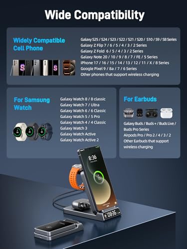 Wireless Charger for Samsung S25 with Clock 3 in1 Foldable Charging Station - color: Grey