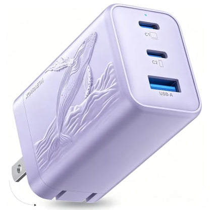 65W USB C GaN Charger,Dual USB-C & USB-A Fast Charger Block, USBC wall Charger Compatible with Galaxy S25/S24/ Ultra, iPhone 16/15 Series, iPad mini, MacBook Pro/Air(Purple) - color: Light Purple Orca