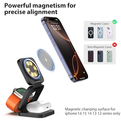 KU XIU X55 Foldable 3 in 1 Charging Station for Apple Devices, 15W Fast Magnetic Wireless Charger, Magent Travel Charger Stand for iPhone 16 15 14 13 12 Series, 5W for Apple Watch, AirPods-Black - color: Black