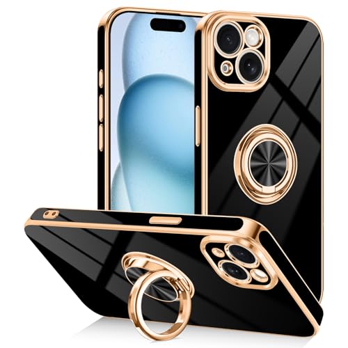 Designed for iPhone 15 Case with Ring Stand Slim Black | 360° Rotatable Finger Holder, Support Magnetic Car Mount, Soft TPU Electroplated, Full Lens Protection, Shockproof Phone Case - color: Black, size: 6.1'' iPhone 15