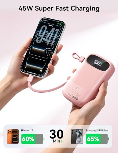 RETMSR Portable Charger 20000mAh 45W USB C Fast Charging, Built-in Cable - color: Misty Pink