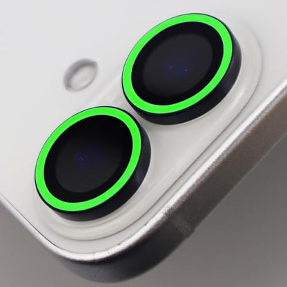 Luminous Camera Lens Protector for iPhone 16/16 Plus Individual Metal Ring Tempered Glass Glow in The Dark Lens Cover (2PCS) (Green, for iPhone 16/16 Plus) - color: Green