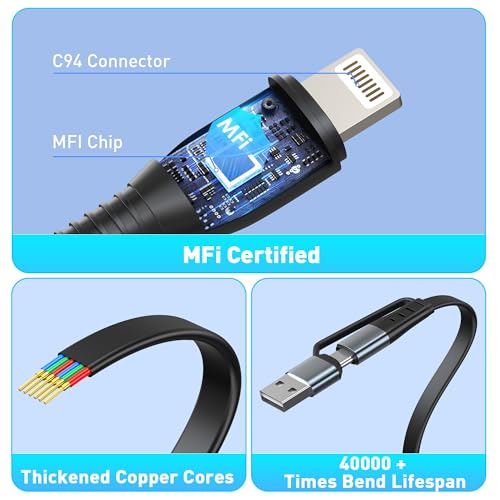 Retractable Travel Multi Charging Cable for Apple Watch Charger, 100W 4 in 2 Retractable Car Charger with Apple Watch, USB-C, Lightning & Micro USB, Multi Charging Cord for iWatch Series/iPhone/iPad