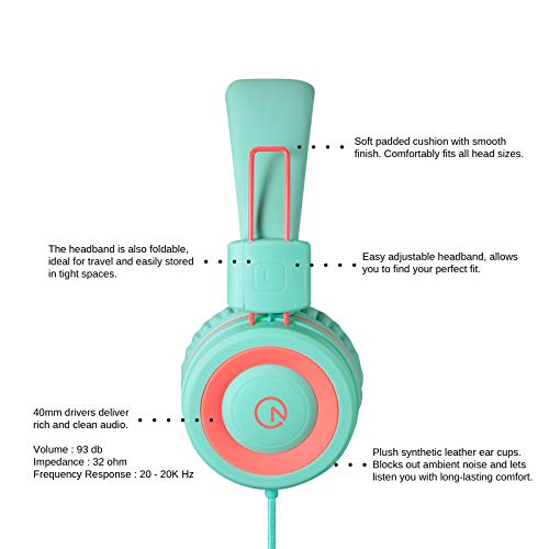 noot products K11 Kids Headphones Wired 3.5mm Jack Tangle-Free Mint/Coral - color: Mint