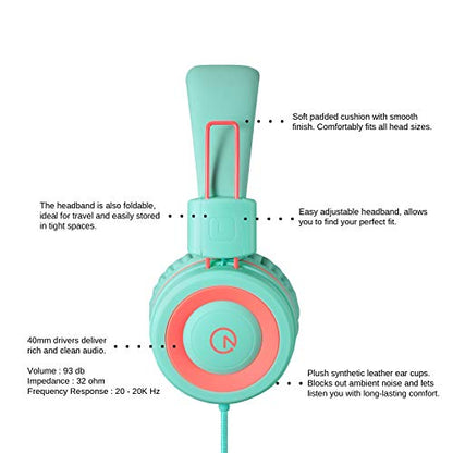 noot products K11 Kids Headphones Wired 3.5mm Jack Tangle-Free Mint/Coral - color: Mint