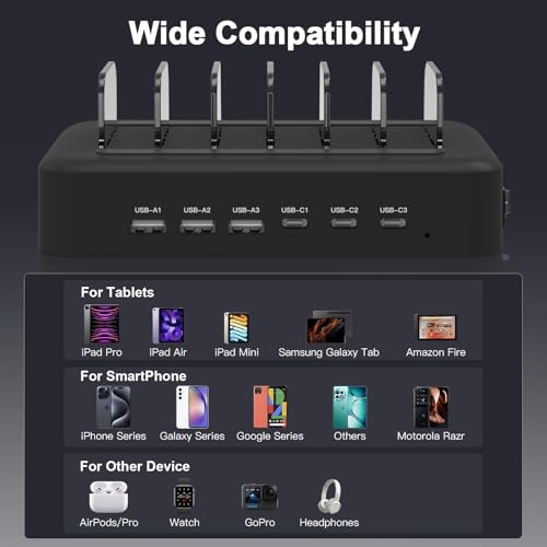 MSTJRY 90W 6-Port USB C Fast Charging Station for Multiple Devices, Multi PD Charger Station for iPhone iPad Tablet Phone, Charging Dock Organizer with Adjustable Dividers for Home Office Classroom