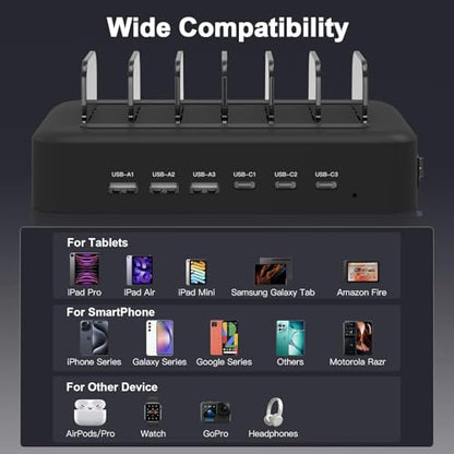 MSTJRY 90W 6-Port USB C Fast Charging Station for Multiple Devices, Multi PD Charger Station for iPhone iPad Tablet Phone, Charging Dock Organizer with Adjustable Dividers for Home Office Classroom