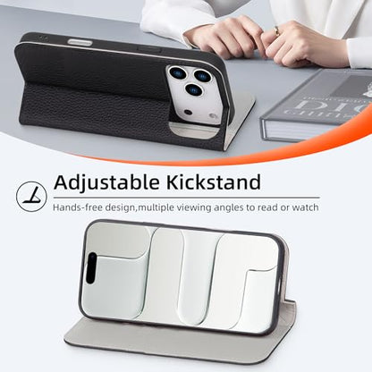 VISOUL Pebbled Leather Wallet Case for iPhone 17 Pro Max 6.9" 2025, Genuine Leather Flip Folio Cover with RFID Blocking Card Holders, Kickstand, Soft TPU Protective Flip Cover -Black+Gray - color: Black+Gray