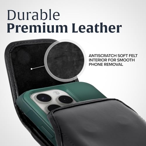 Turtleback Belt Clip for iPhone 16 Pro Max, 15 Pro Max, 14 Pro Max -Medium- Fits w/Shockproof Commuter Style Cases, Premium Black Leather Vertical Belt Holder, Magnetic Closure HD Rotating Clip - color: Vertical - Leather w/ HD Clip, size: Medium