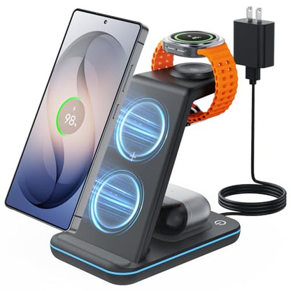 Wireless Charger for Samsung&Android: JoyGeek 3 in 1 Charging Station for S26/S25/S24/S23/S22/S21/S20/Note20/Z Fold&Flip, Galaxy Watch8/7/6/5/4/3/Active2/1（Not for Galaxy Watch9 / Ultra2） - color: Black