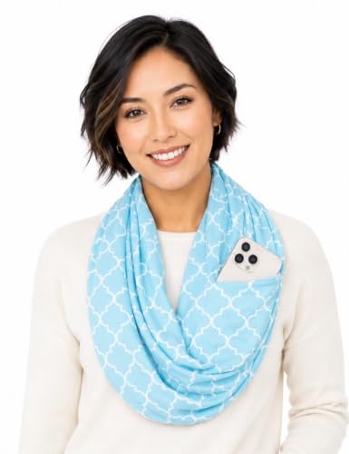 Pop Fashion Quatrefoil Pattern Infinity Scarf for Women - Travel Scarf with Hidden Pocket - All Seasons - color: Light Blue, size: 24.5 x 9.5