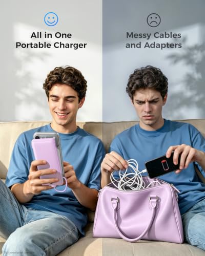VEGER Portable Charger for iPhone, Power Bank Built in Cables and Wall Plug - color: E Purple