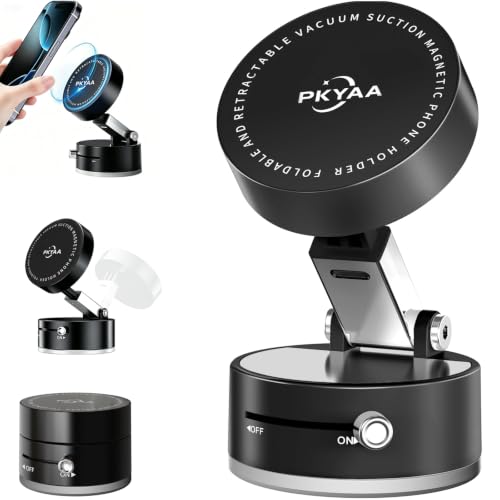 PKYAA 2026 Upgraded Foldable and Retractable Magnetic Mount, Vacuum Suction Magnetic Phone Holder, A Movable Vacuum Suction Cup Car Phone Stand for Cars/Gyms/Mirrors/Smooth Surface (Black) - color: Black