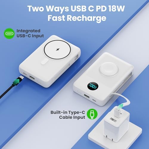 Ekrist Magnetic Portable Charger 10800mAh for MagSafe with Built-in Cable,iWatch Charger,Wireless Power Bank Travel Essentials,25W Fast Charging Battery Pack for iPhone 17/16/15/14,Apple Watch(White)