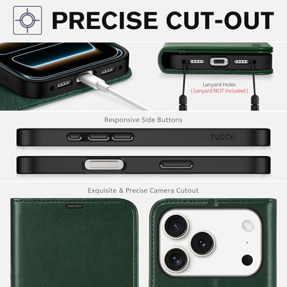 TUCCH Wallet Case for iPhone 17 Pro (6.3") 2025, 4 Card Holders, Evergreen | RFID Blocking, Viewing Stand, Shockproof TPU Shell, PU Leather, Magnetic Closure, Protective Folio Flip Cover - color: Evergreen