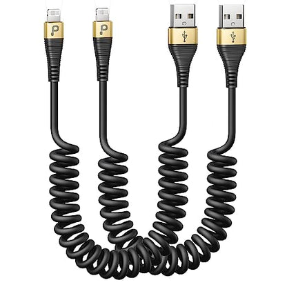 Short iPhone Charger Cable for Car, 2 Pack 3FT Coiled Lightning Cable - color: Gold, style: USB A to Lightning