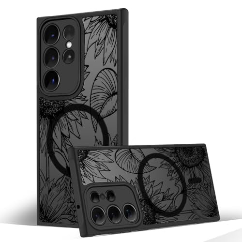 Magnetic Case for Samsung Galaxy S23 Ultra [Compatible with MagSafe] Black Flower Floral Case for Women Girls Soft TPU Bumper Hard PC Anti-Fall Shockproof Protective Slim Cover A5 - color: Sunflower 2, size: Samsung Galaxy S23 Ultra