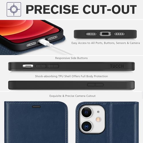 TUCCH Wallet Case for iPhone 12/12 Pro (6.1") 2020, 3 Card Slots, Dark Blue | RFID Blocking, Viewing Stand, Shockproof TPU Shell, PU Leather, Magnetic Closure, Protective Folio Flip Cover - color: Dark Blue