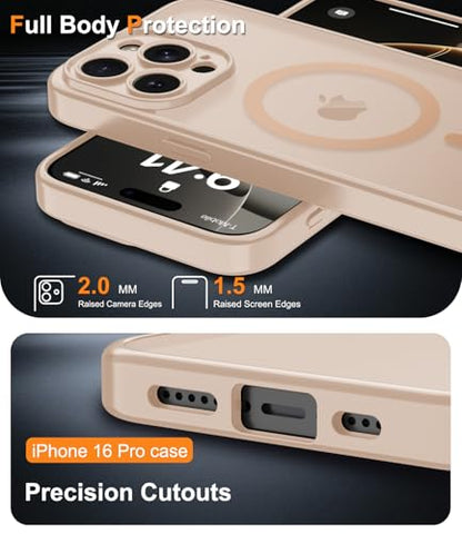 Magnetic Case for iPhone 16 Pro Case with Screen Protector+Wrist Strap | Compatible with MagSafe,Full Camera Protection,Slim Translucent Matte Phone Cover,Sand Pink - color: Sand Pink