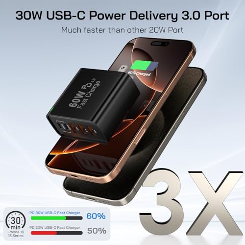 2Pack USB C Fast Charger Block, Total 60W 5-Port USB C Wall Charger 30W - color: Black