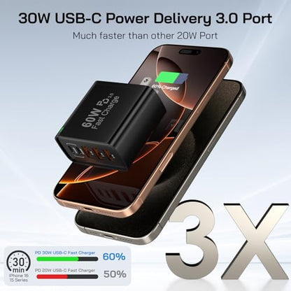2Pack USB C Fast Charger Block, Total 60W 5-Port USB C Wall Charger 30W - color: Black