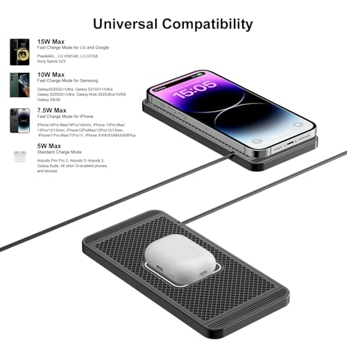 Wireless Charger Car Charging Pad 15W Fast Car Wireless Charger Pad, 15W Fast Charging, Anti-Slip, Universal Qi Compatible with iPhone and Wireless Charging Phones, Black(USB-C)