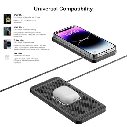 Wireless Charger Car Charging Pad 15W Fast Car Wireless Charger Pad, 15W Fast Charging, Anti-Slip, Universal Qi Compatible with iPhone and Wireless Charging Phones, Black(USB-C)