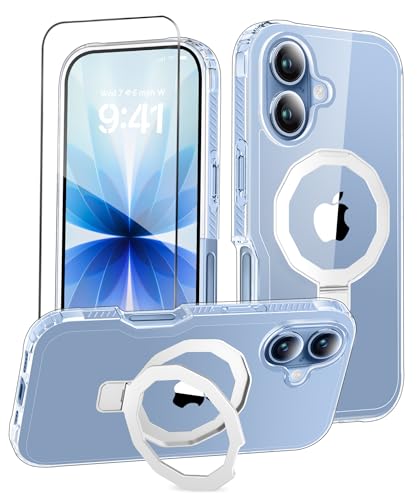 for iPhone 17 Case with Screen Protector, Built-in Seamless Stand, [Compatible with MagSafe] Protective Shockproof Phone Case, Magnetic Slim Cover for iPhone 17 6.3 Inch - Clear | with Screen Protector Protective Shockproof Phone Case, [Compatible with Ma