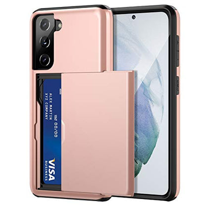 Jiunai for Samsung Galaxy S21 Case Wallet Credit Card Cash Holder Rose Gold | Slide Cover Dual Layer Hybrid Protective Hard PC Soft TPU Rubber Cover Phone Case for Samsung Galaxy S21 5G 6.2'' Women Men - color: Rose Gold